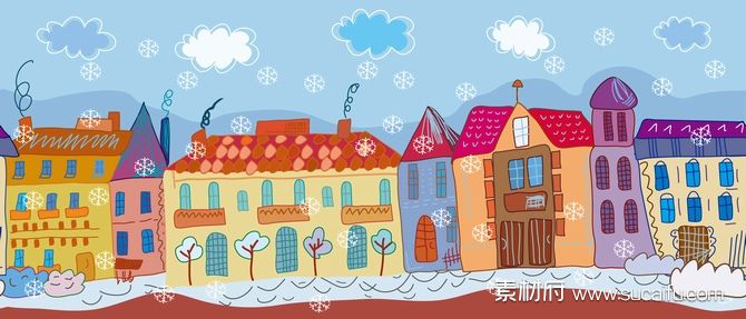手绘儿童插画冬天一排房屋