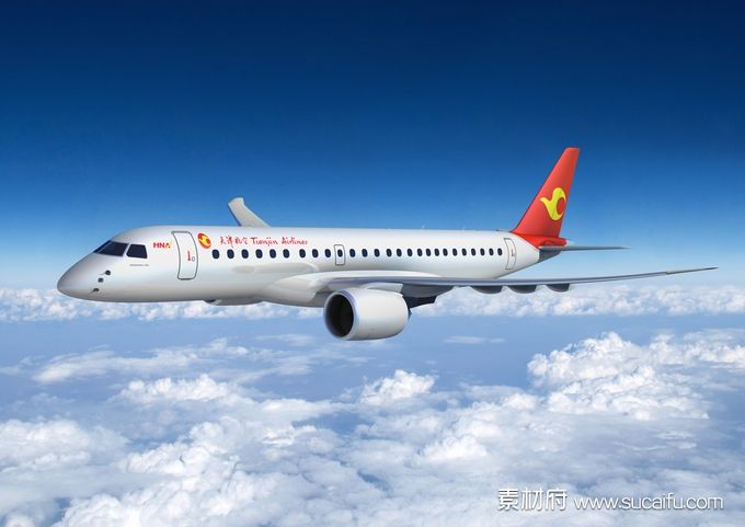 在云层上飞行的天津航空客机