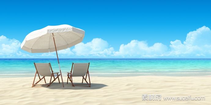阳光沙滩遮阳伞下的一对椅子