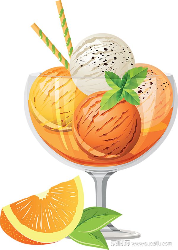 冰淇淋球和橙子的插画高清大图
