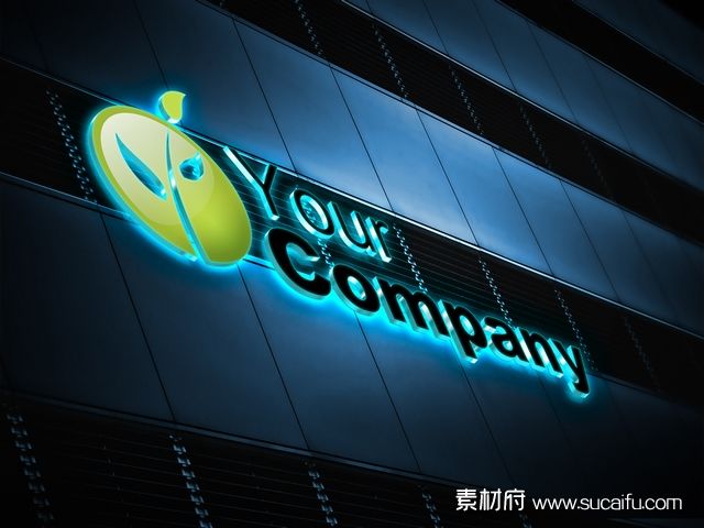 夜间公司大楼墙体上的发光logo效果展示
